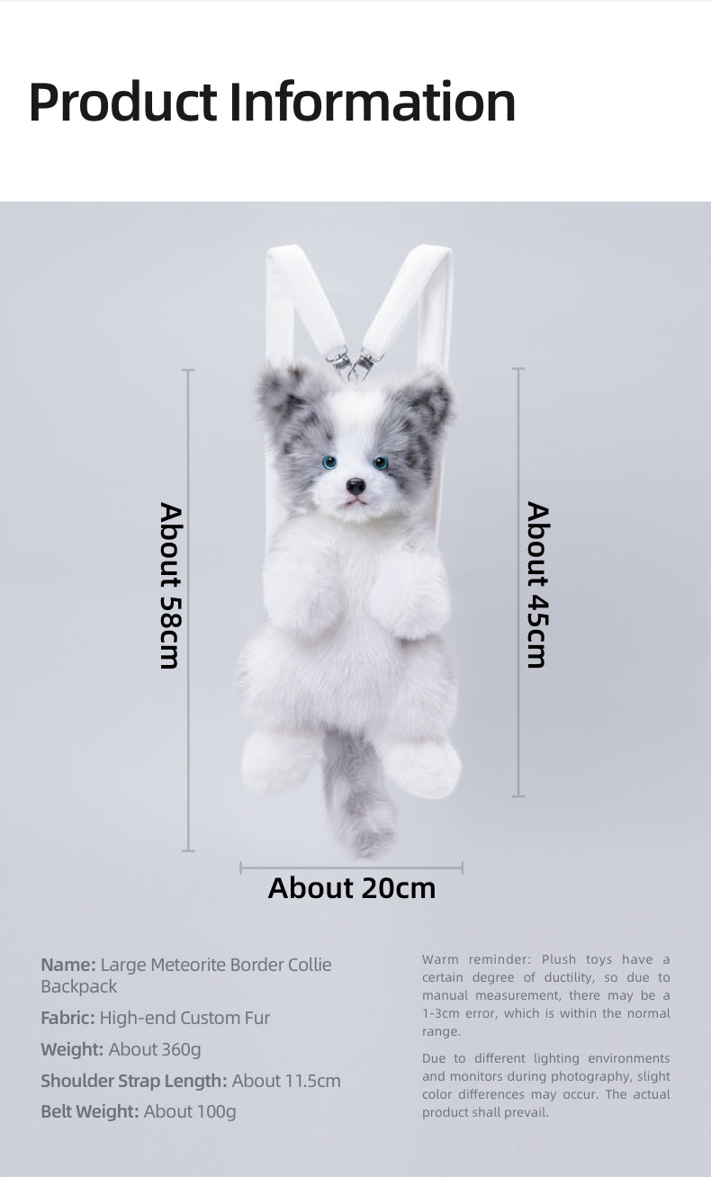 Simulated Meteorite Border Collie Dog Soft Lightweight Bag Cute Funny Plush Toy Backpack Filled PP Cotton for Unisex
