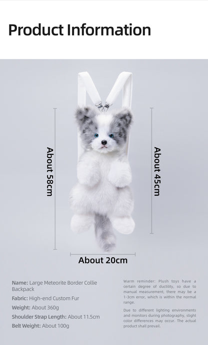 Simulated Meteorite Border Collie Dog Soft Lightweight Bag Cute Funny Plush Toy Backpack Filled PP Cotton for Unisex
