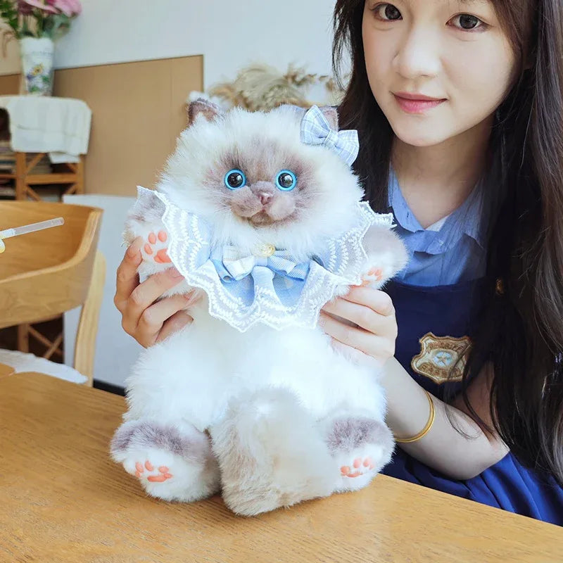 Blue Scarf Cute Simulation Siamese Cat Backpack Plush Doll Anime Cartoon Realistic Cat Backpack