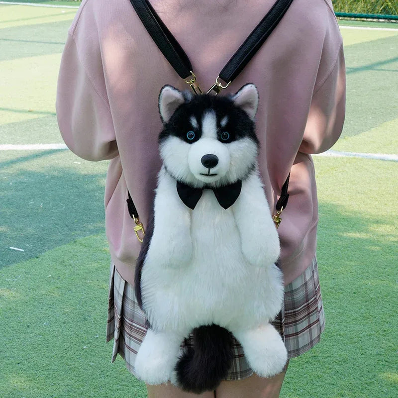 Simulated Husky Dog Plush Toy Backpack Soft PP Cotton Filled Handmade Companion Toy Bag for Adults/Kids