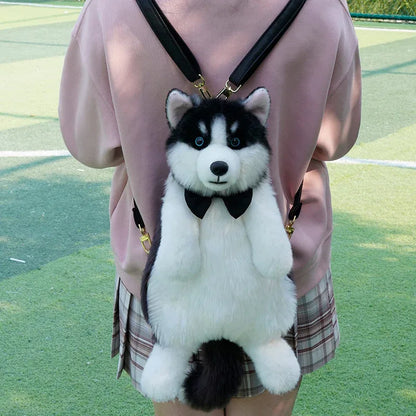 Simulated Husky Dog Plush Toy Backpack Soft PP Cotton Filled Handmade Companion Toy Bag for Adults/Kids