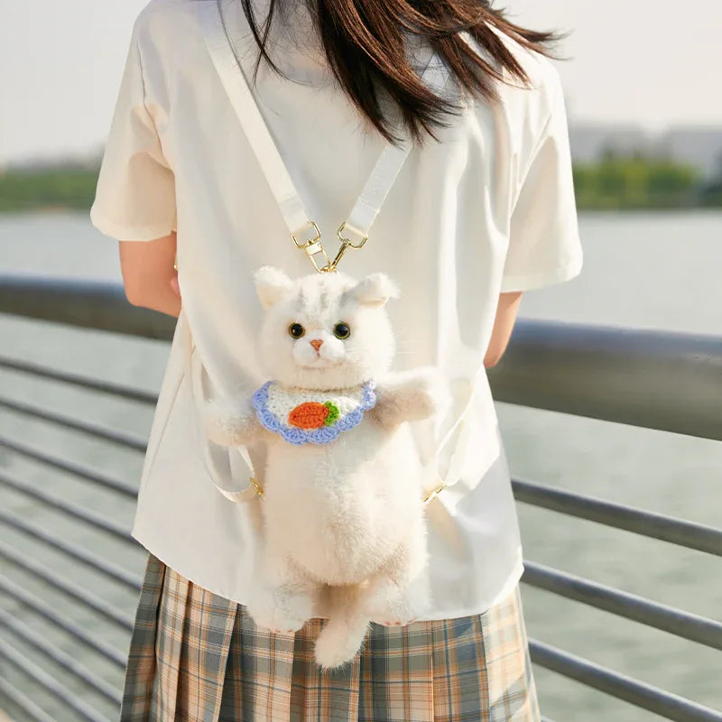 Cute White British Shorthair Cat Backpack Toy Simulation Plush Cat Doll Recyclable Handmade Bag for Travel