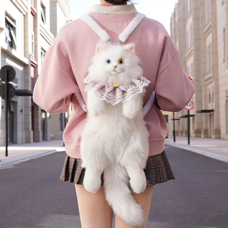 Soft Plush Heterochromatic Cat Backpack Handmade Doll Gift Unisex Gift White cat Backpack with Odd Eyes