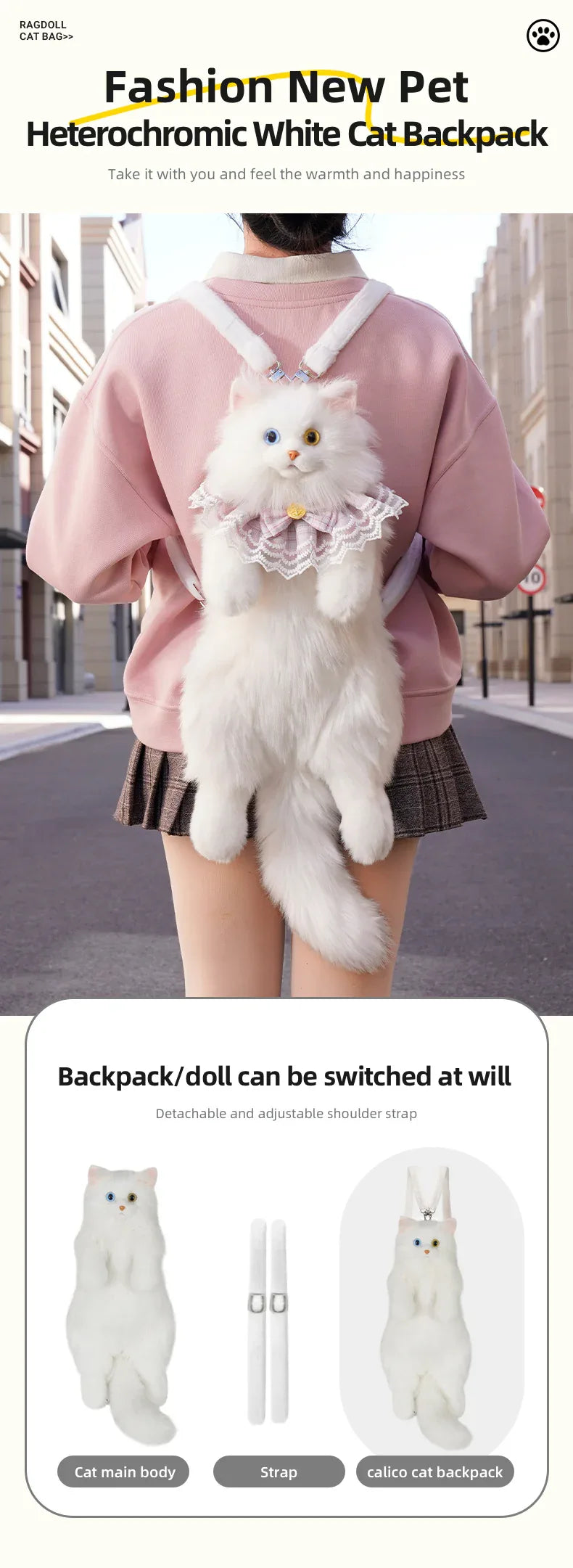 Soft Plush Heterochromatic Cat Backpack Handmade Doll Gift Unisex Gift White cat Backpack with Odd Eyes