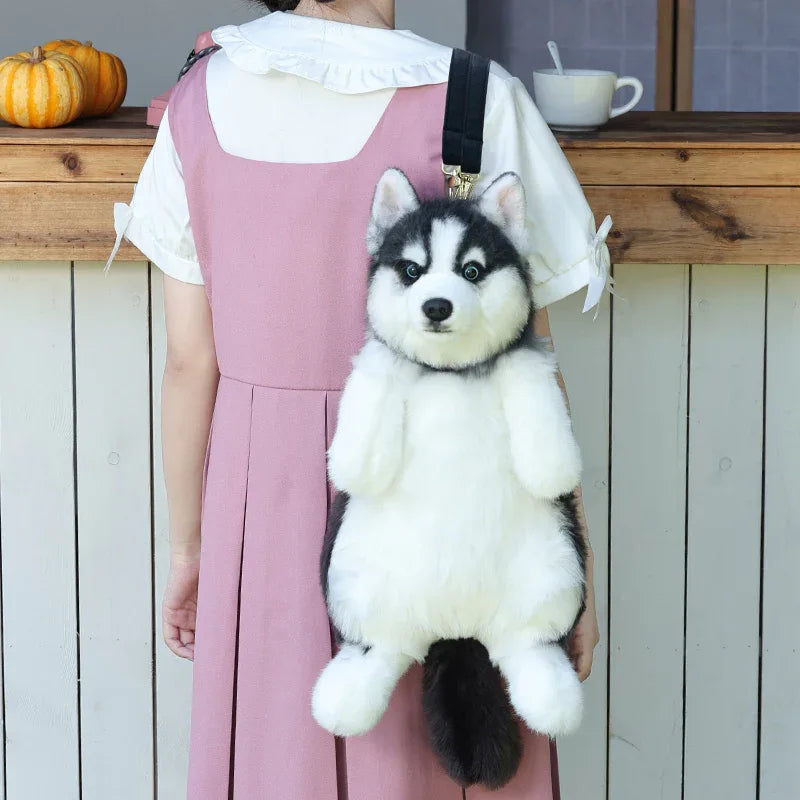 Simulated Husky Dog Plush Toy Backpack Soft PP Cotton Filled Handmade Companion Toy Bag for Adults/Kids