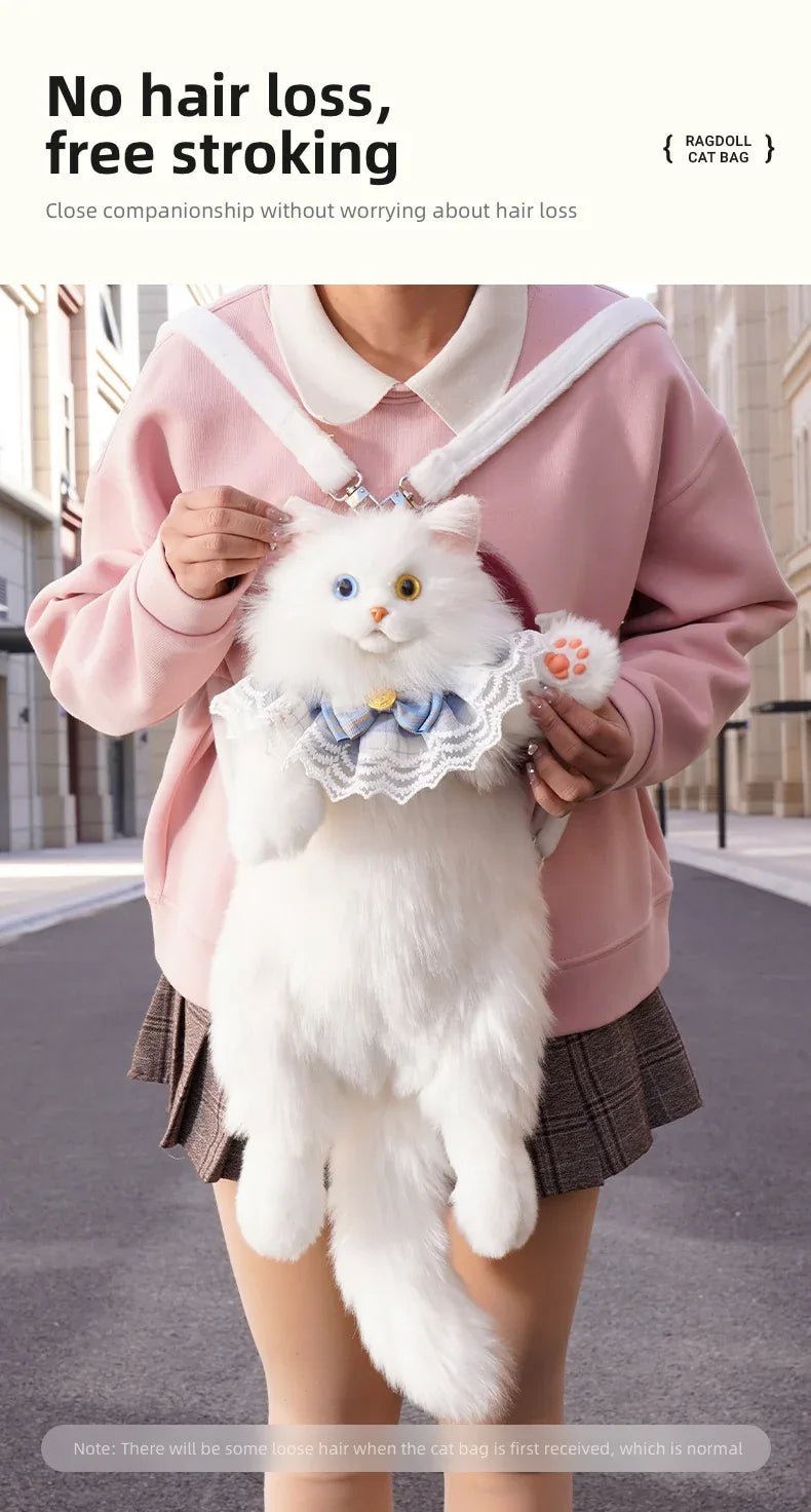 Soft Plush Heterochromatic Cat Backpack Handmade Doll Gift Unisex Gift White cat Backpack with Odd Eyes