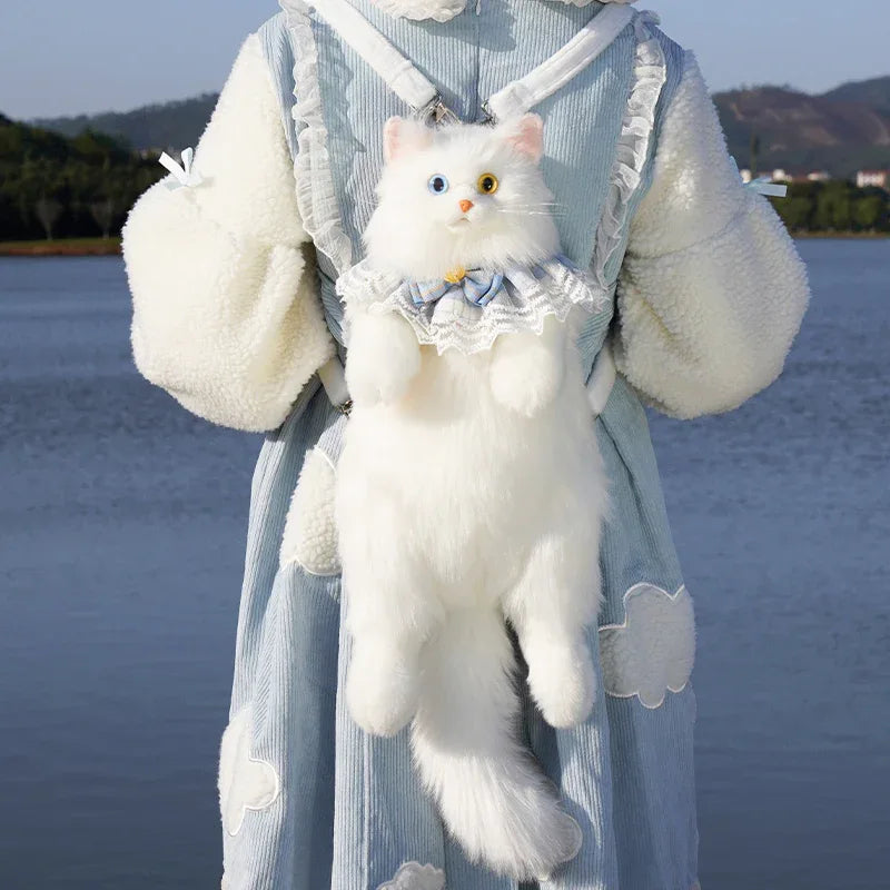 Soft Plush Heterochromatic Cat Backpack Handmade Doll Gift Unisex Gift White cat Backpack with Odd Eyes