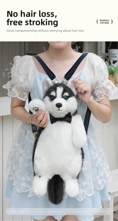 Simulated Husky Dog Plush Toy Backpack Soft PP Cotton Filled Handmade Companion Toy Bag for Adults/Kids