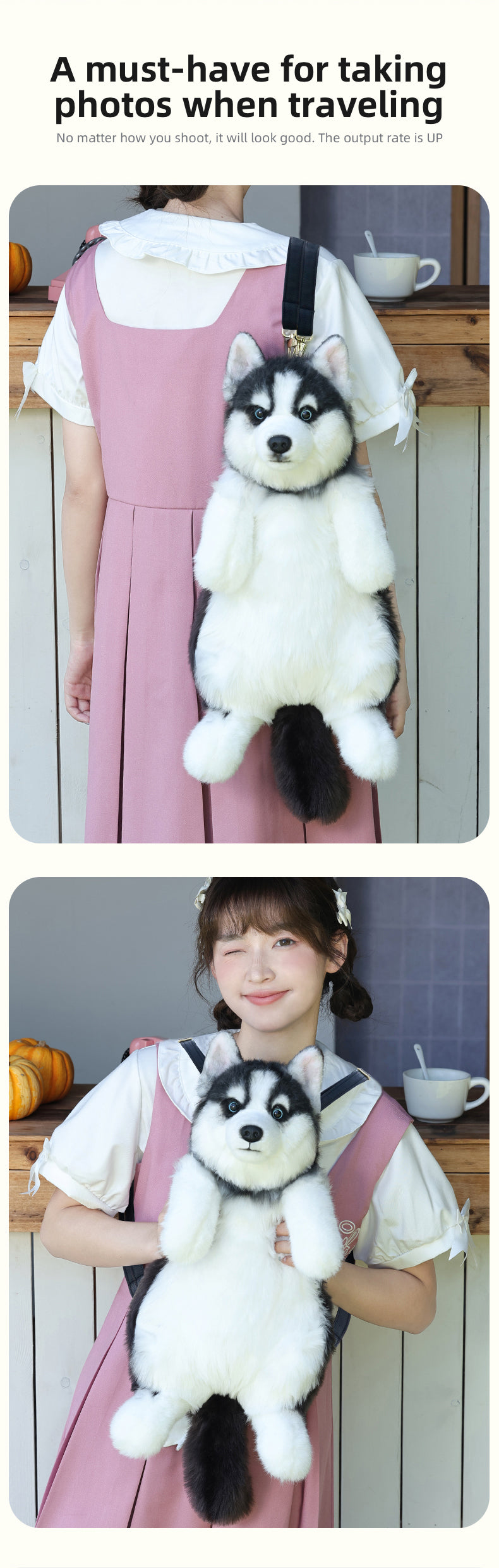 Simulated Husky Dog Plush Toy Backpack Soft PP Cotton Filled Handmade Companion Toy Bag for Adults/Kids