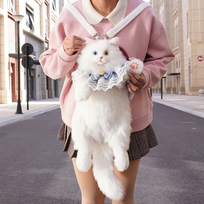 Soft Plush Heterochromatic Cat Backpack Handmade Doll Gift Unisex Gift White cat Backpack with Odd Eyes