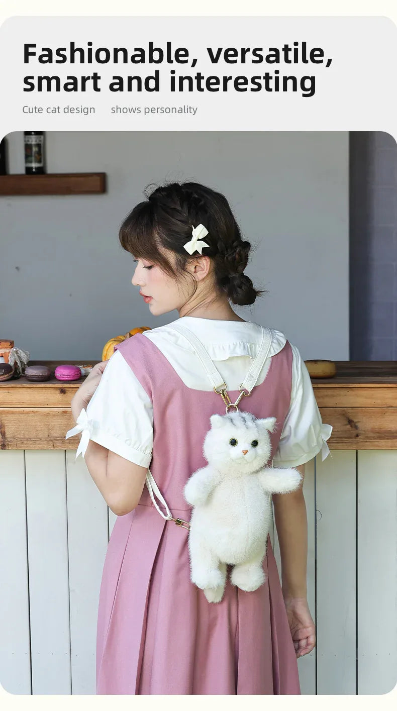 Cute White British Shorthair Cat Backpack Toy Simulation Plush Cat Doll Recyclable Handmade Bag for Travel