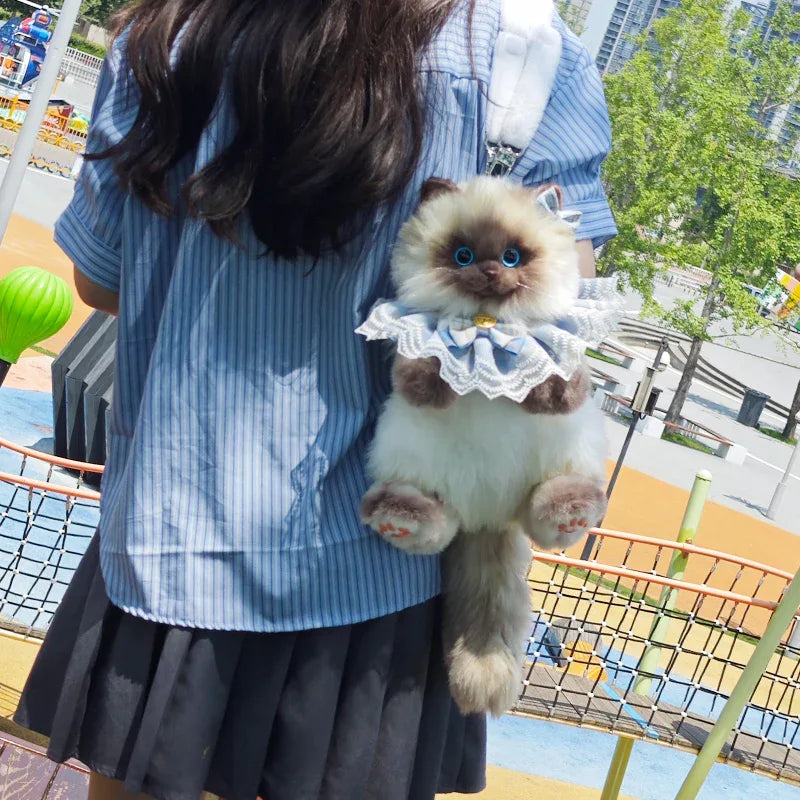 Cute Blue Grid Scarf Siamese Cat Simulation Plush Backpack Unisex Decompression Toy Animal Doll Backpack