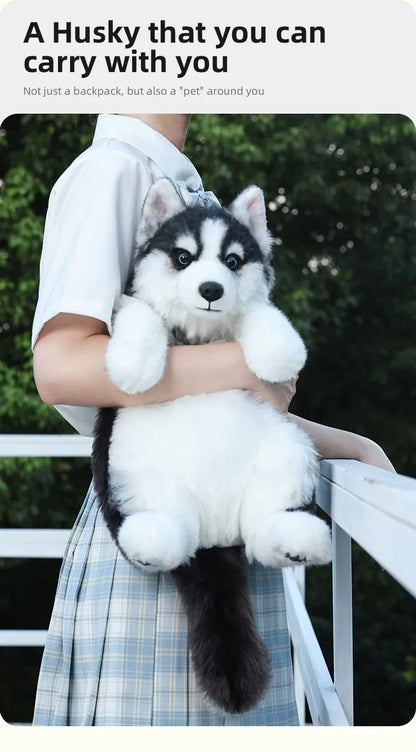 Simulated Husky Dog Plush Toy Backpack Soft PP Cotton Filled Handmade Companion Toy Bag for Adults/Kids