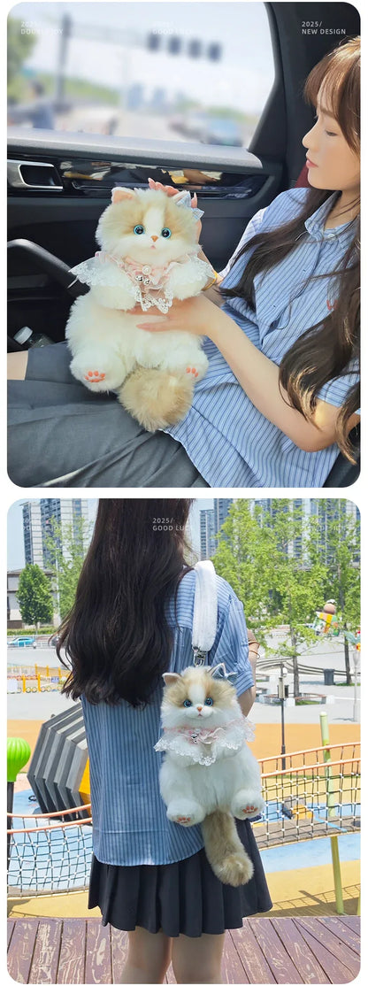 Convenient Medium Sitting Cat Simulation Cute Stylish Lifelike Plush Cat Backpack for Adults/Kids