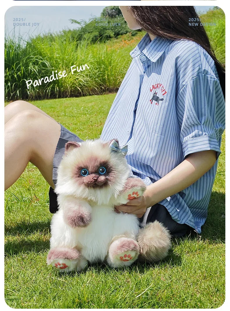 Cute Blue Grid Scarf Siamese Cat Simulation Plush Backpack Unisex Decompression Toy Animal Doll Backpack