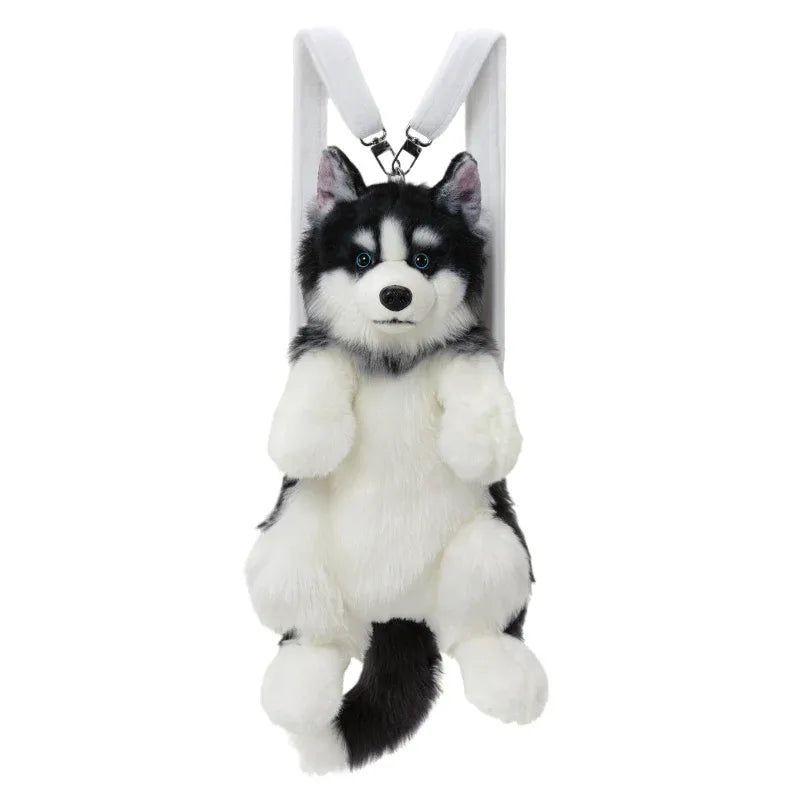 Simulated Husky Dog Plush Toy Backpack Soft PP Cotton Filled Handmade Companion Toy Bag for Adults/Kids