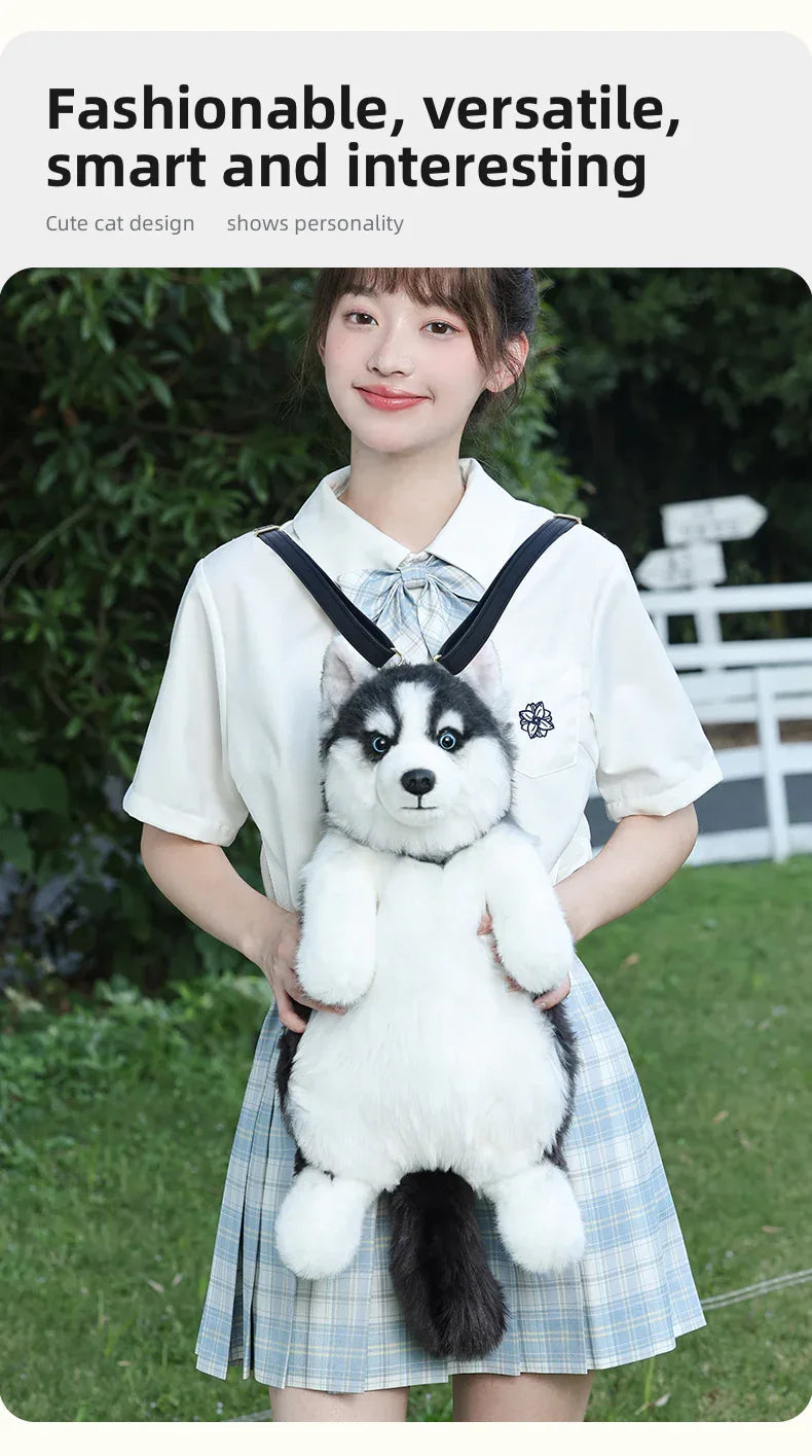 Simulated Husky Dog Plush Toy Backpack Soft PP Cotton Filled Handmade Companion Toy Bag for Adults/Kids