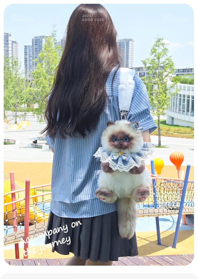 Cute Blue Grid Scarf Siamese Cat Simulation Plush Backpack Unisex Decompression Toy Animal Doll Backpack