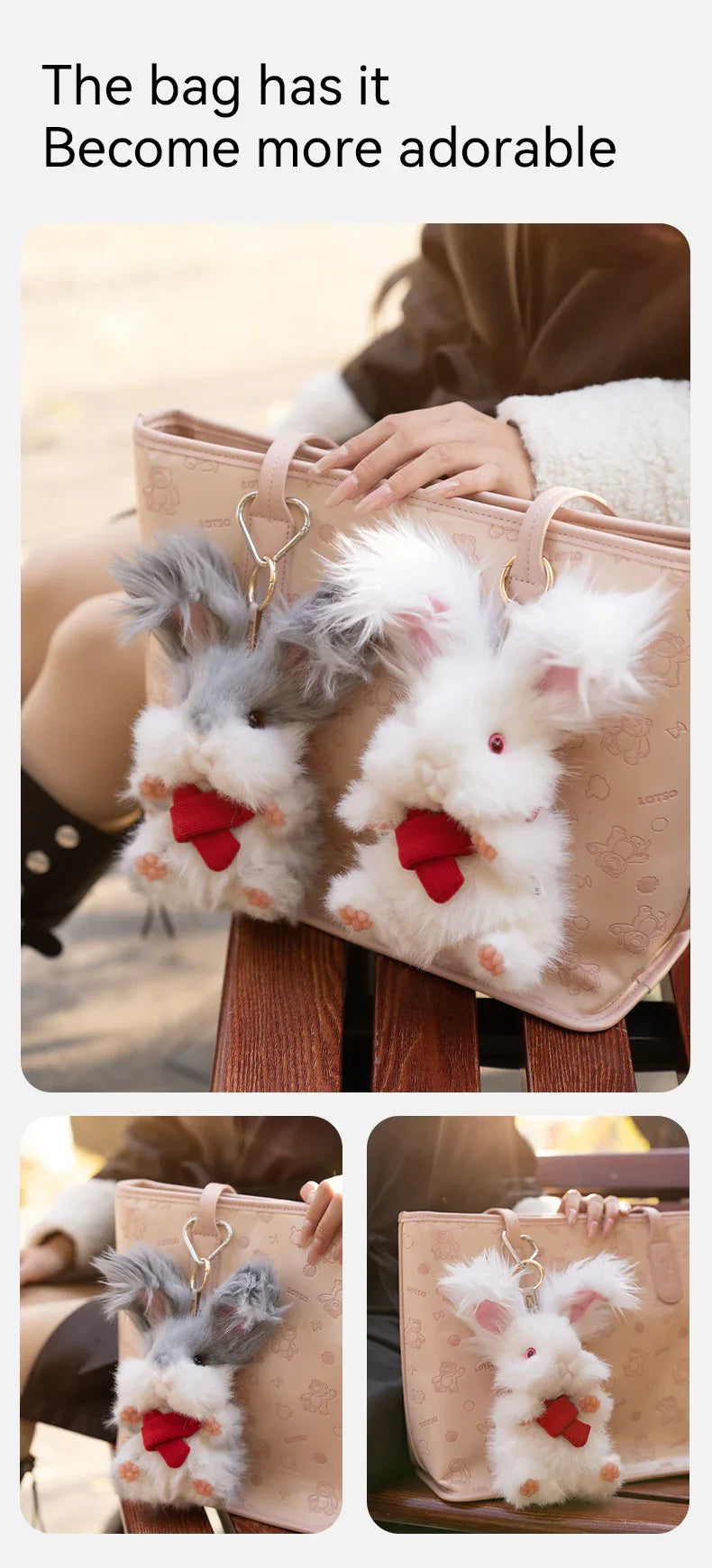 Super Realistic Angora Rabbit Plush Bag Charm Keychain Long Fur Bunny Pendant Polyester & Premium Silk Cotton Filling