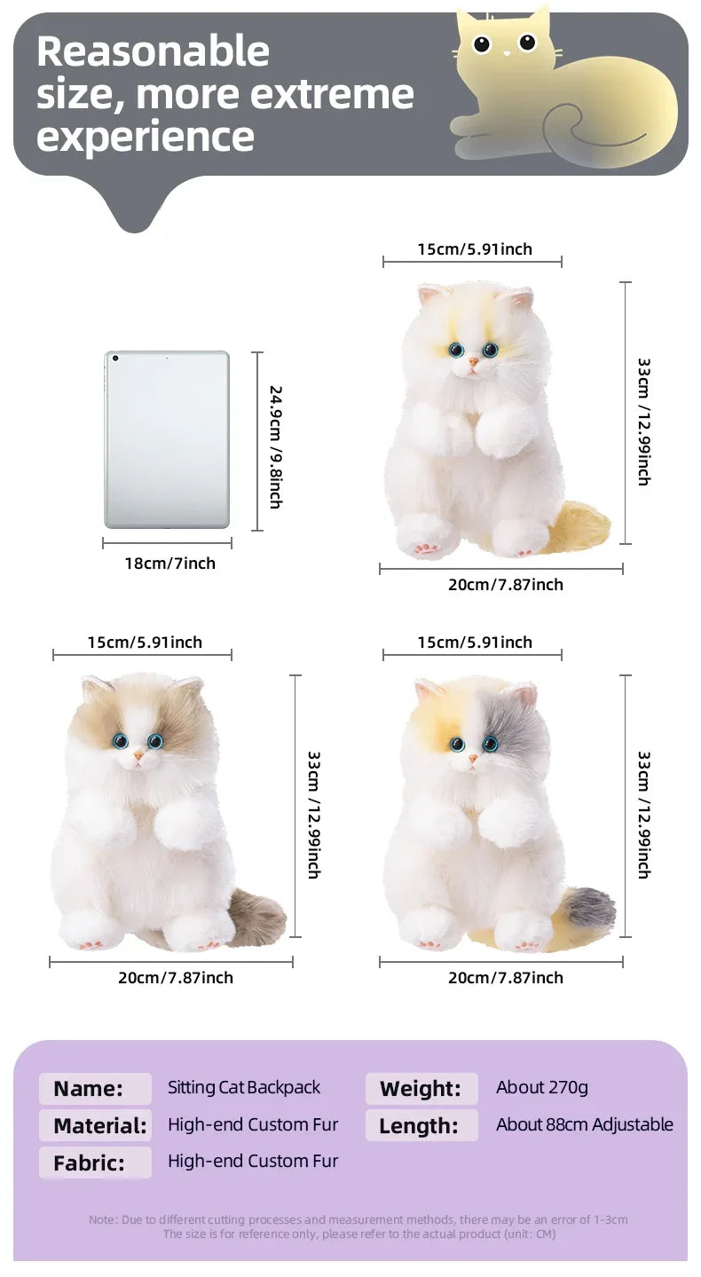 Convenient Medium Sitting Cat Simulation Cute Stylish Lifelike Plush Cat Backpack for Adults/Kids