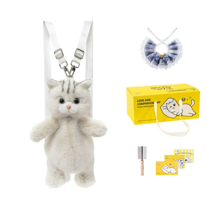 Cute White British Shorthair Cat Backpack Toy Simulation Plush Cat Doll Recyclable Handmade Bag for Travel