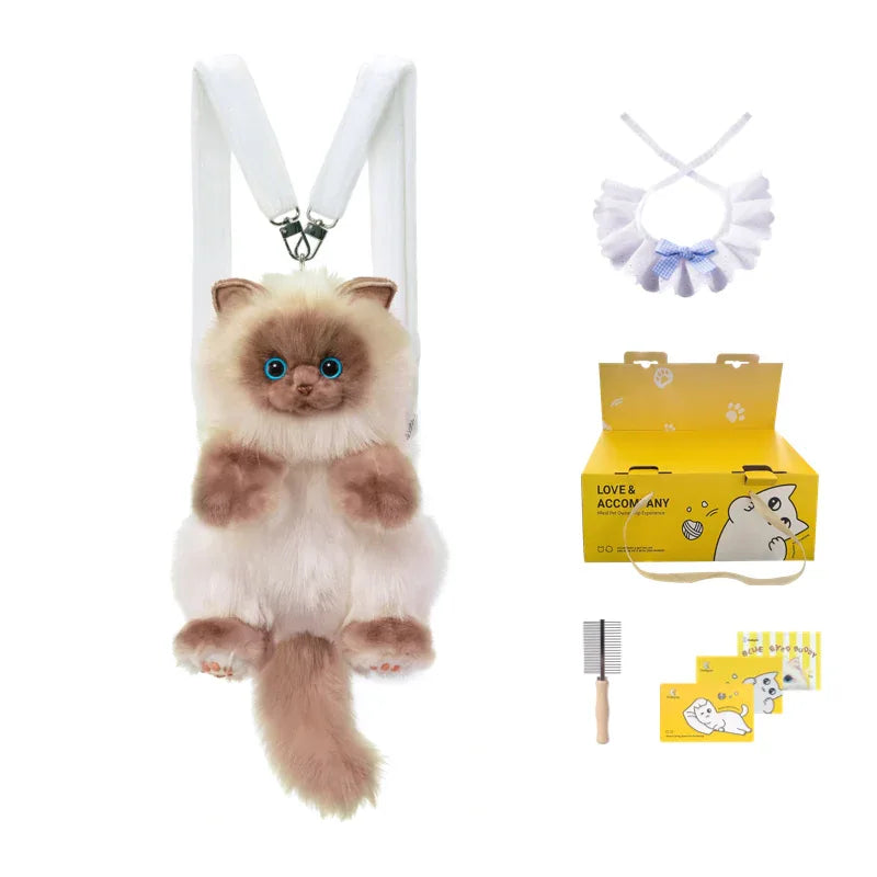 Cute Blue Grid Scarf Siamese Cat Simulation Plush Backpack Unisex Decompression Toy Animal Doll Backpack