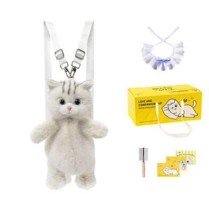 Cute White British Shorthair Cat Backpack Toy Simulation Plush Cat Doll Recyclable Handmade Bag for Travel